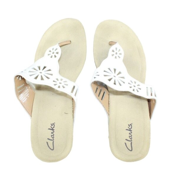 Clark's White Leather Cutout Thong Slip On Cork Wedge Sandals Size 9.5 M - Picture 6 of 9